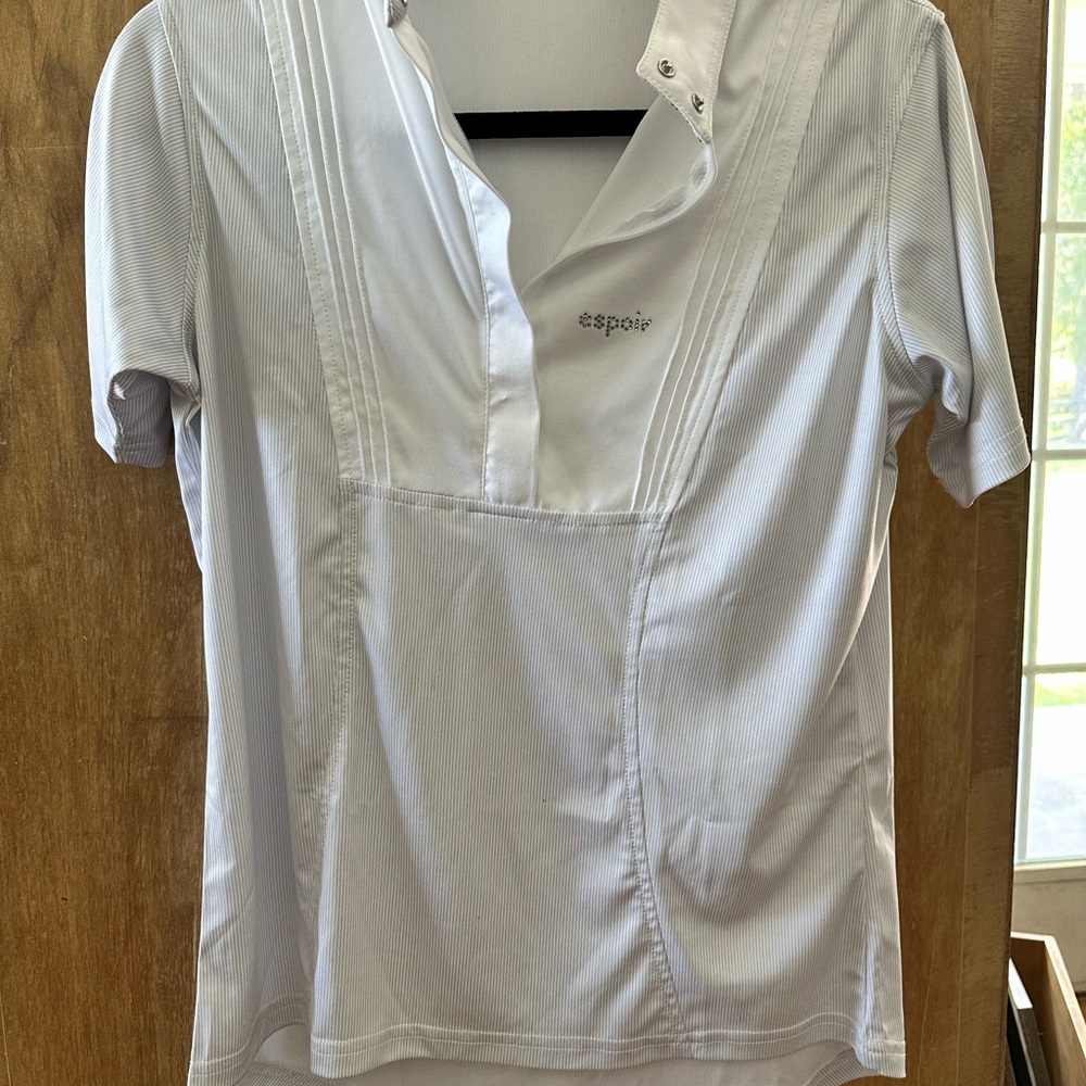 White Espoir Equestrian Short Sleeve Stripes in Grey Pleated Show Shirt Size Med